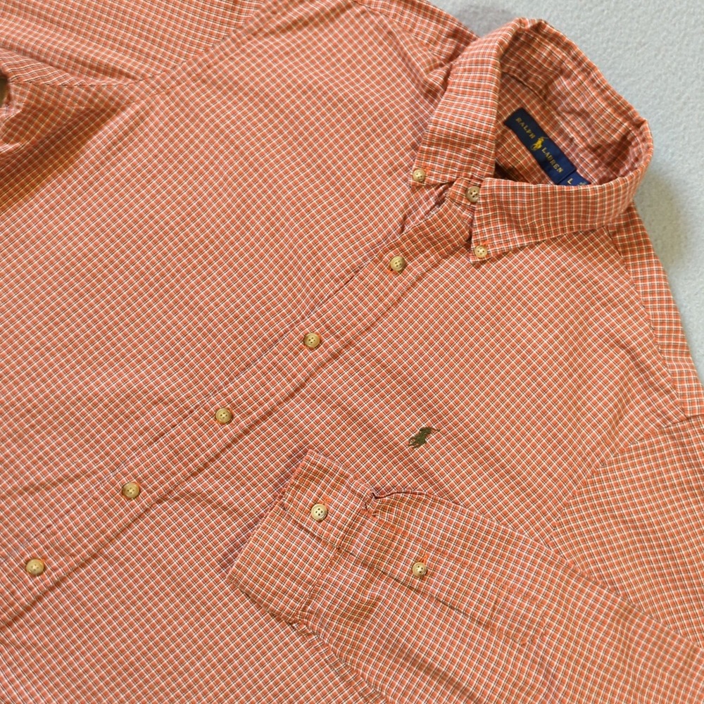 Ralph Lauren Long‎ Sleeve Button Down Shirt Orange White Check Green Pony Size L